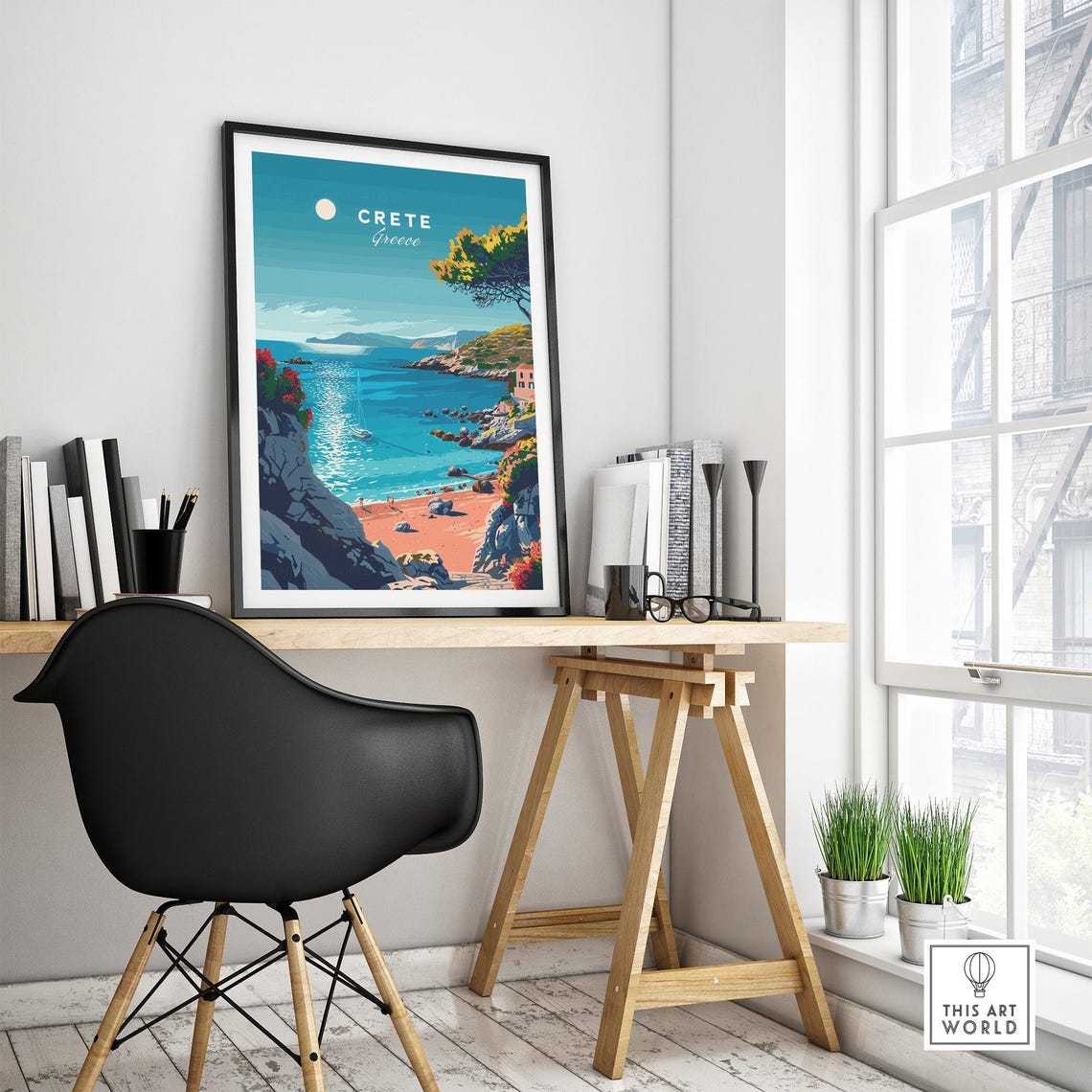Crete Greece Moonlit Rocky Cove Sailboat Coastline Art Poster - Image 4
