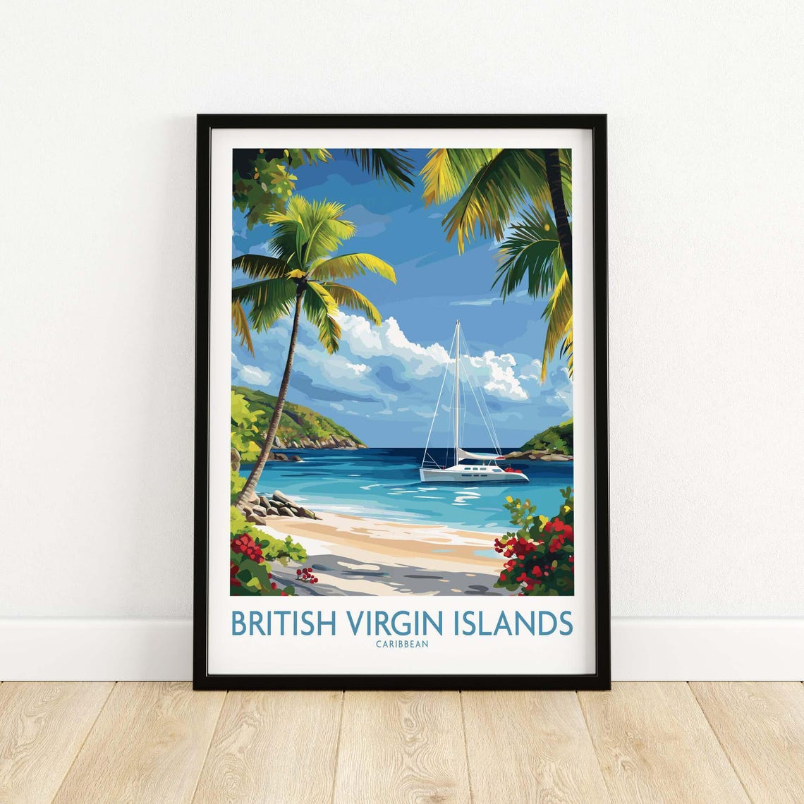 British Virgin Islands Beach Poster with Sailboat and Palm Trees