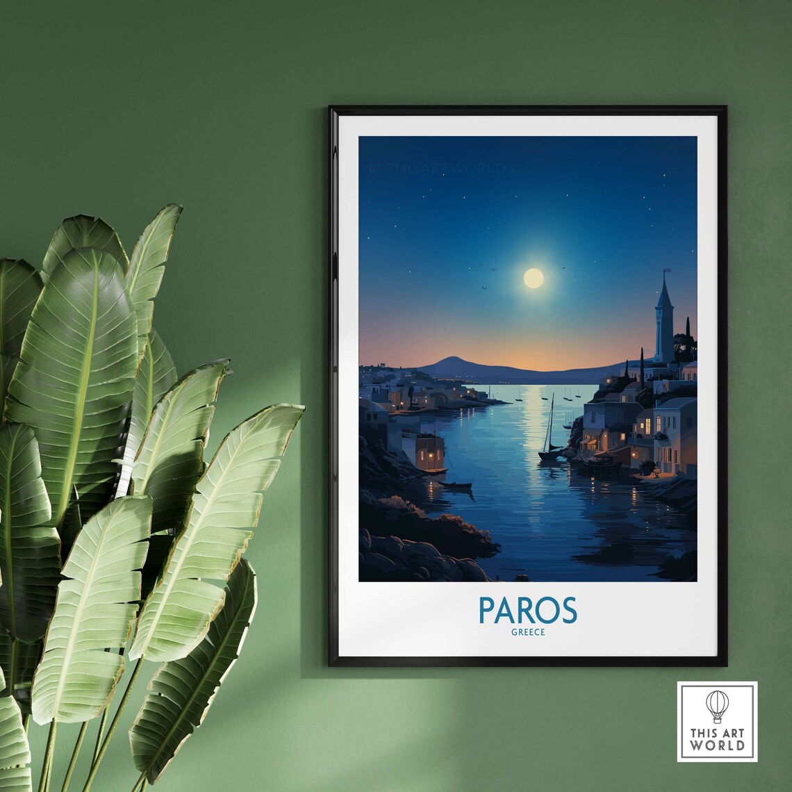 Paros Greece Moonlit Harbor Night Seascape Vintage Travel Poster - Image 3