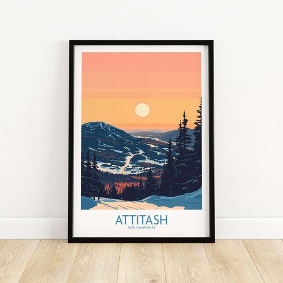 Attitash Poster Ski Art Print New Hampshire Lodge Wall Home Decor Skiing Gift House Winter Sport Room