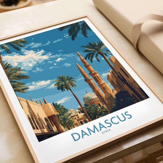 Damascus Umayyad Mosque Palm Tree Vintage Travel Poster Syria City Art