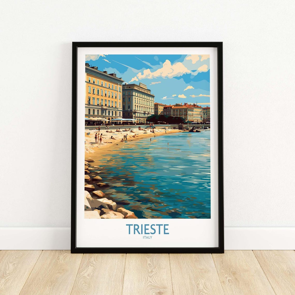 Trieste Italy Sunny Seaside Beach Sunbathers Vintage Travel Poster