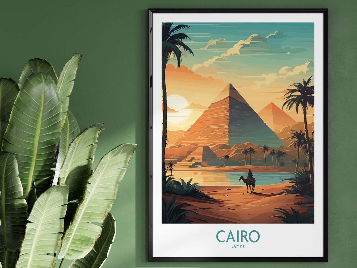 Retro Cairo Egypt Pyramids Sunset Camel Rider Golden Light Poster