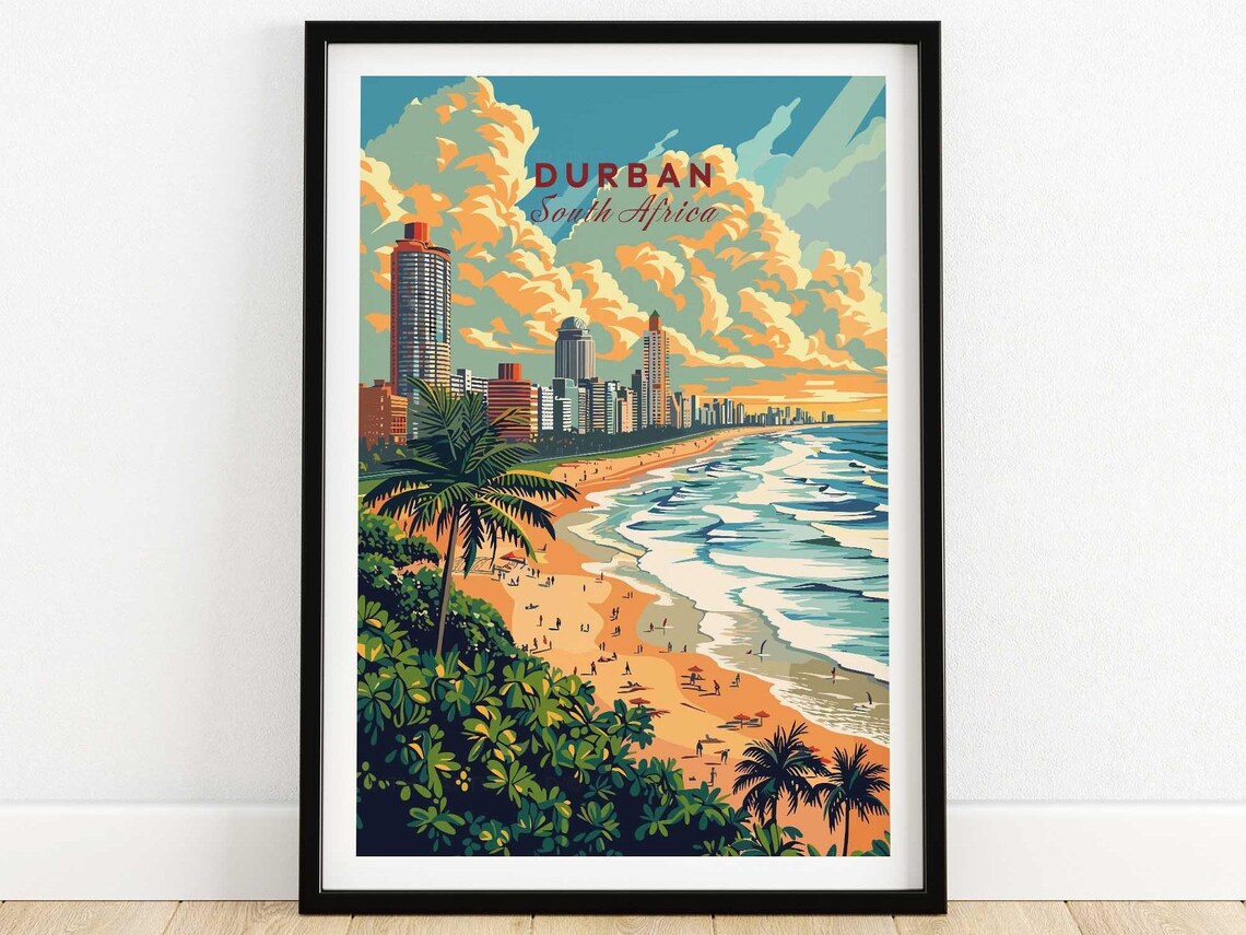 Durban South Africa Golden Beach Skyline Vintage Travel Poster