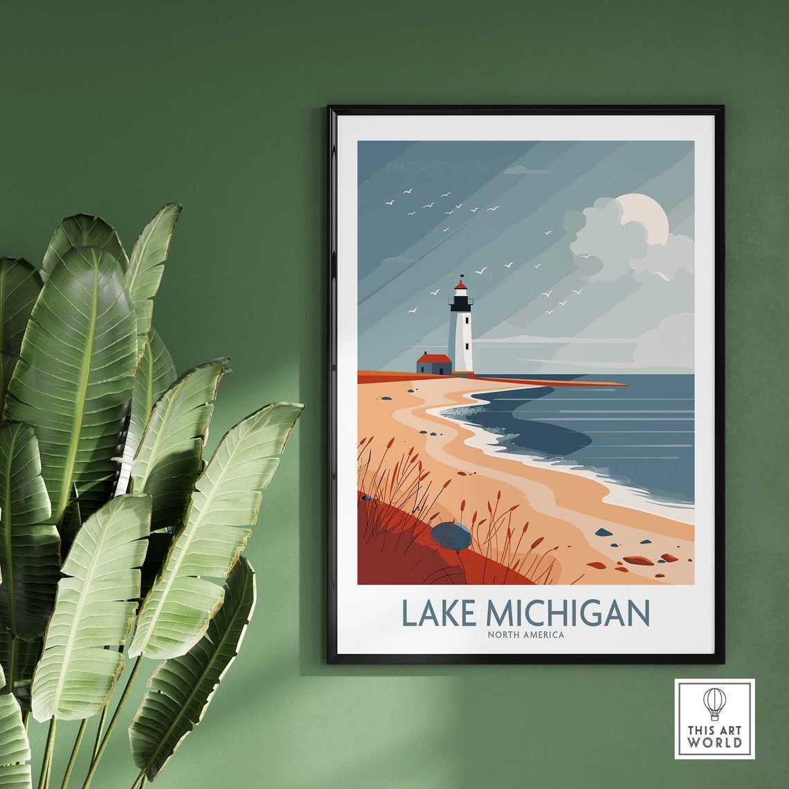 Lake Michigan North America Lighthouse Beach Moonrise Travel Poster - Image 2