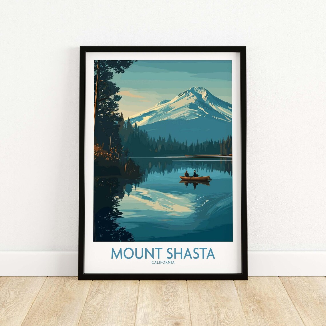 Mount Shasta California Lake Canoe Vintage Blue Travel Poster