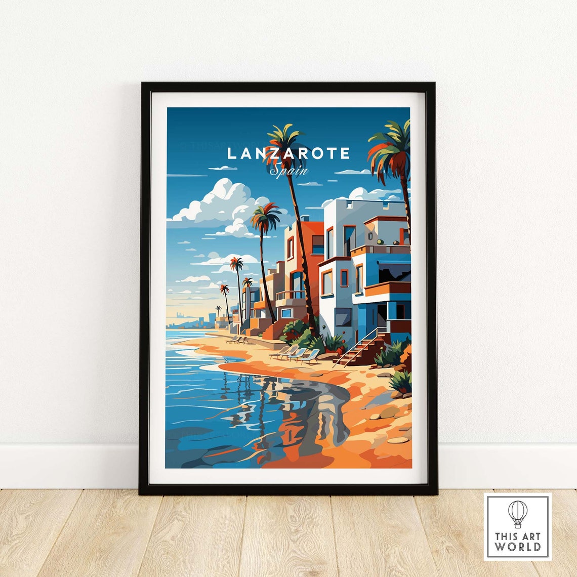 Lanzarote Spain Beachfront Palm Trees Ocean Buildings Travel Poster