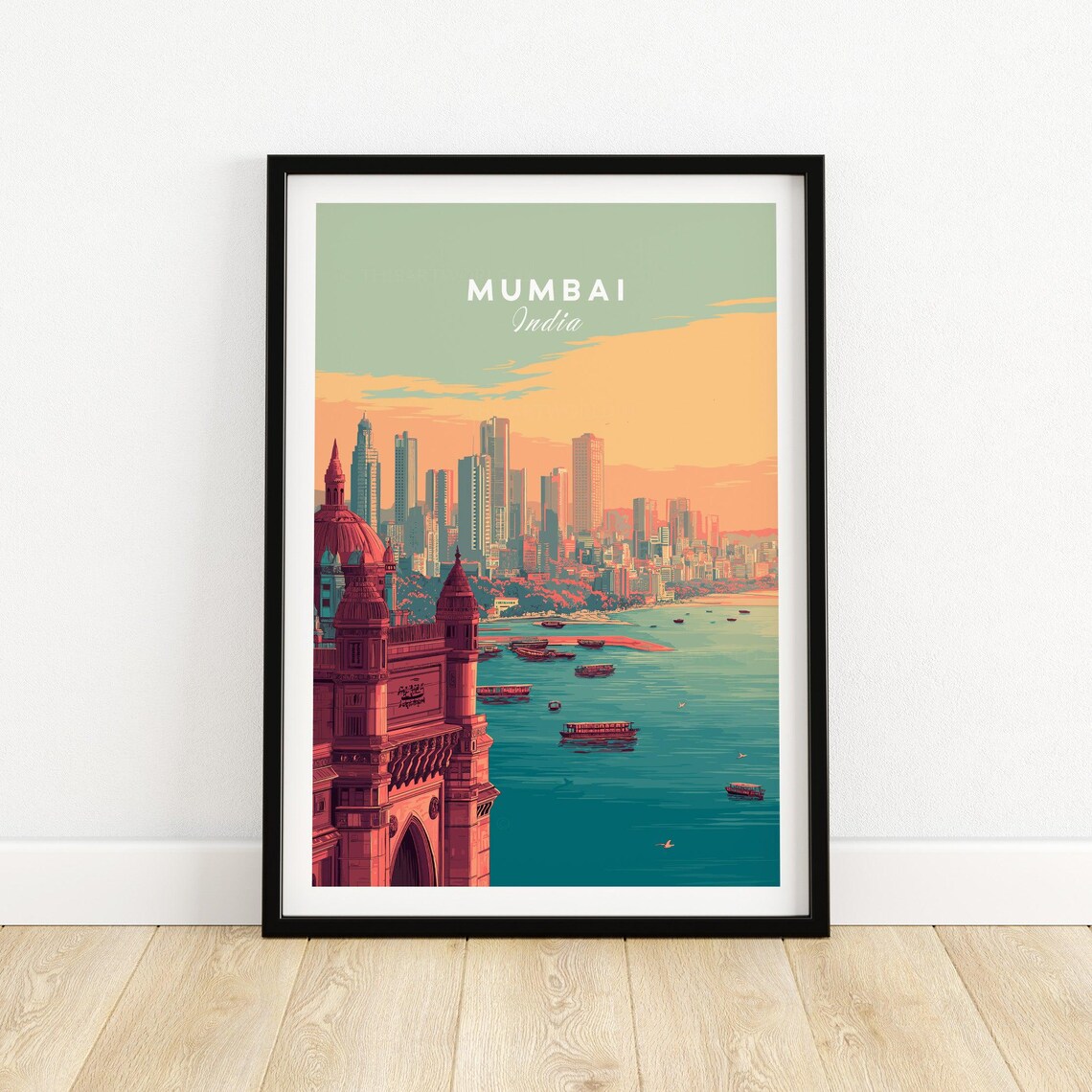 Mumbai India Gateway Skyline Sunset Harbor Boats Travel Poster
