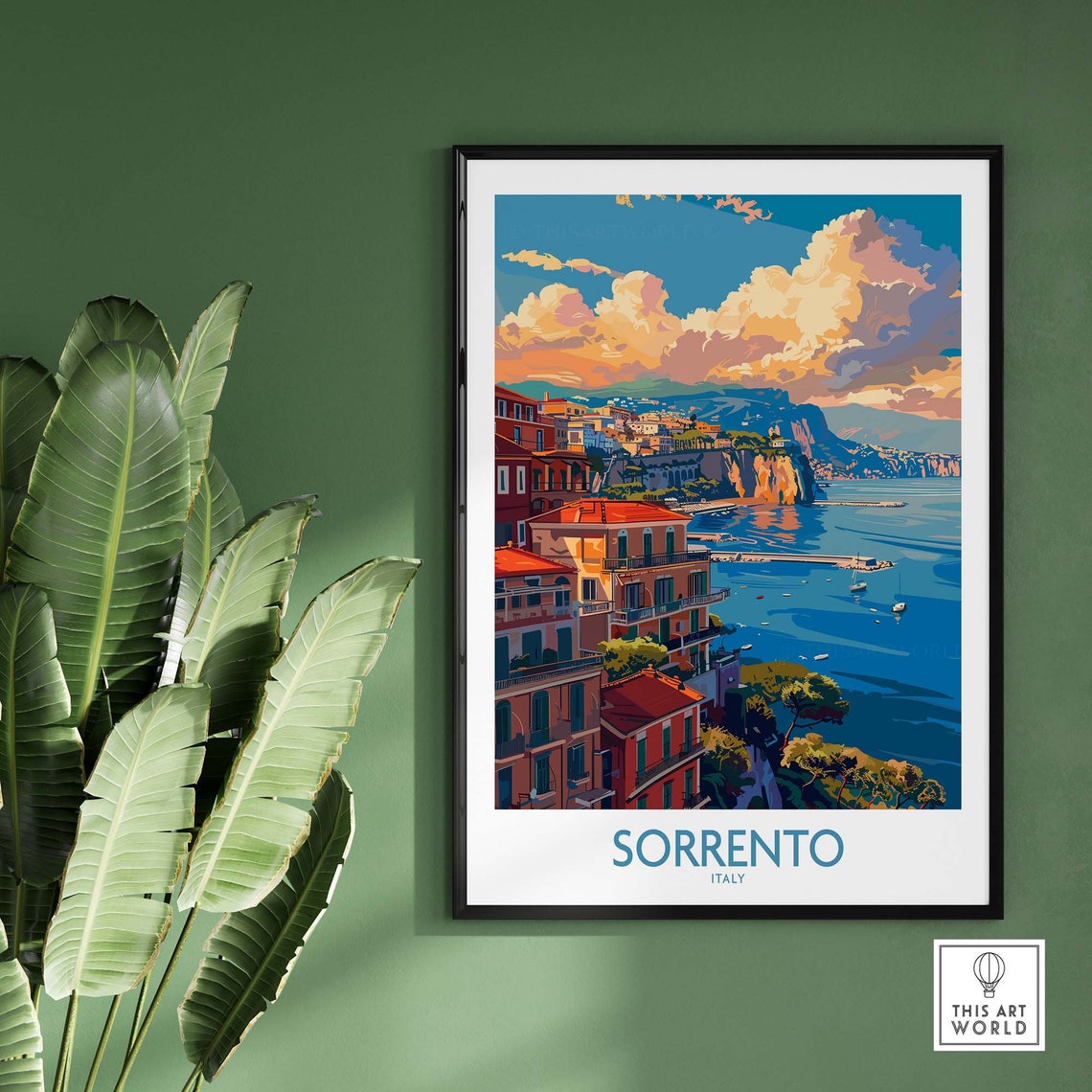 Sorrento Italy Cliffside Town Bay View Sunset Clouds Scene Poster - Image 2
