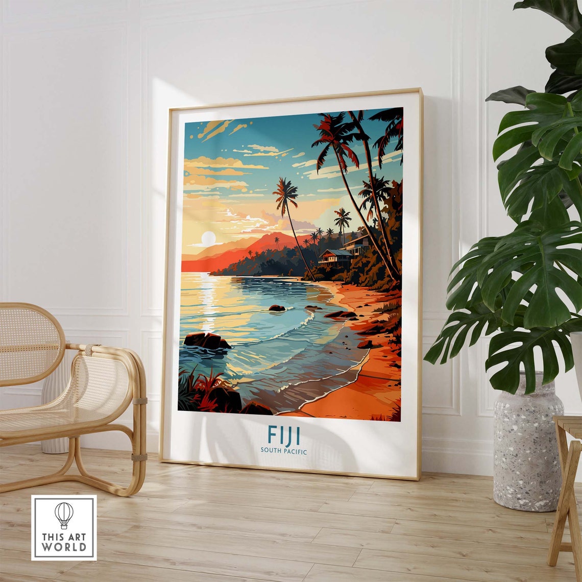 Fiji South Pacific Palm Beach Sunset Scene Vintage Travel Poster - Image 3