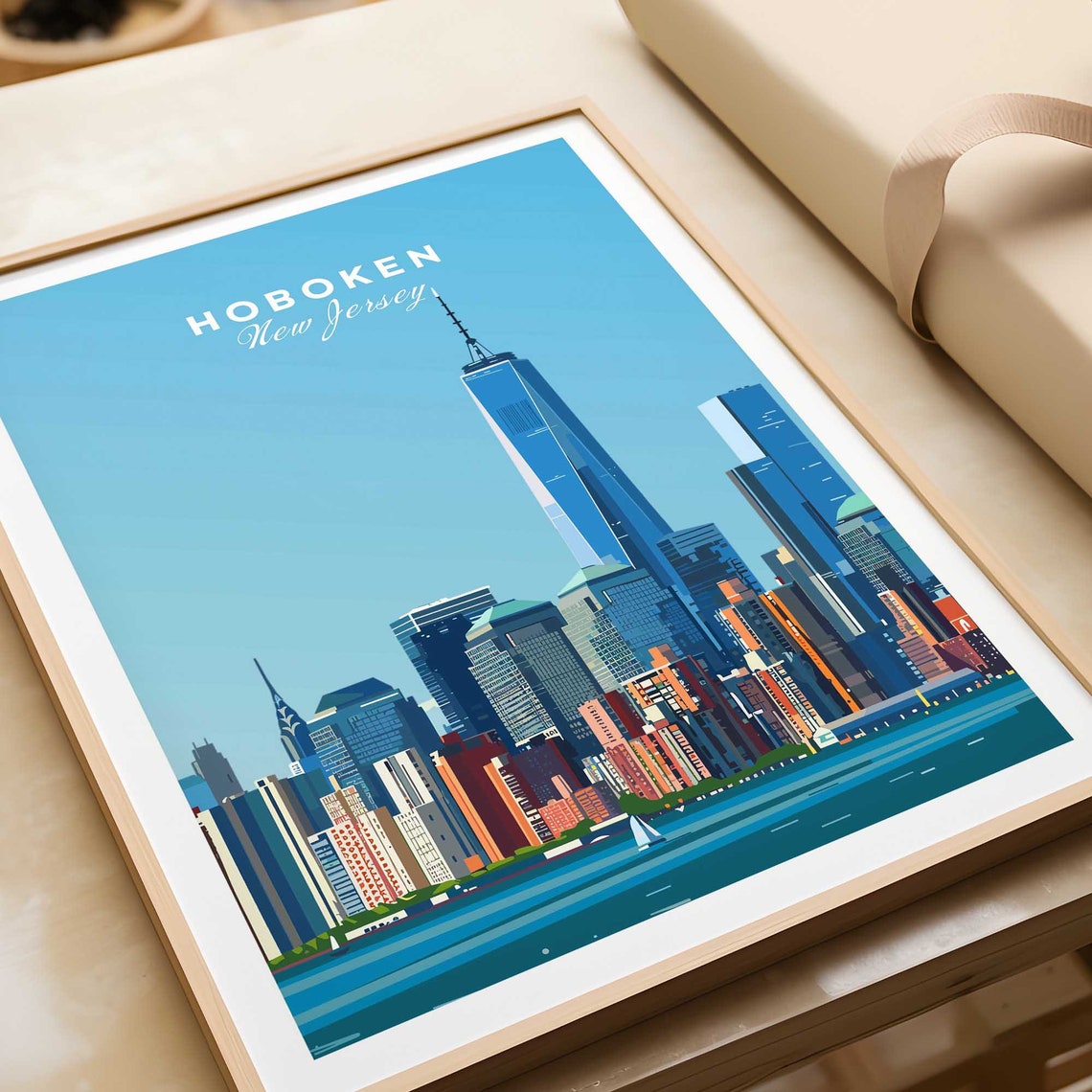 Hoboken New Jersey Manhattan Skyline Hudson River Travel Poster