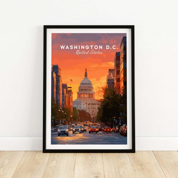Washington DC Capitol Building Sunset Travel Poster