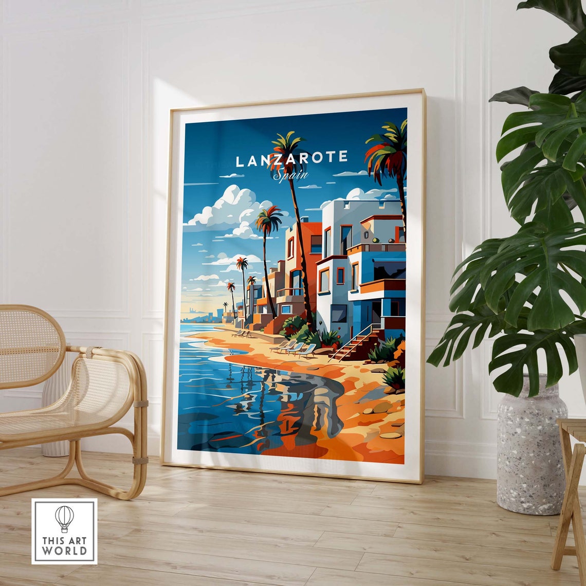 Lanzarote Spain Beachfront Palm Trees Ocean Buildings Travel Poster - Image 2