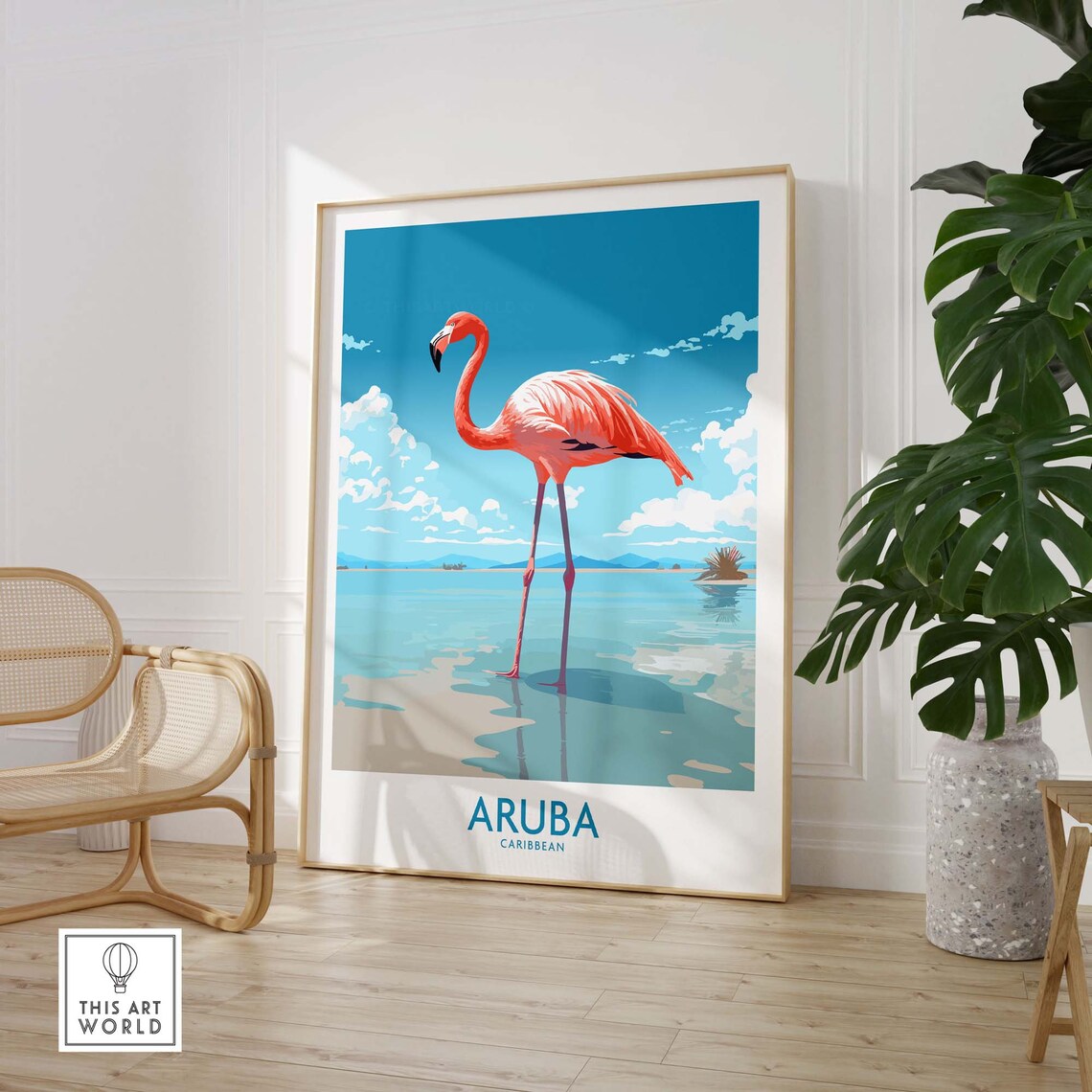 Aruba Caribbean Pink Flamingo Lagoon Illustration Travel Poster - Image 3