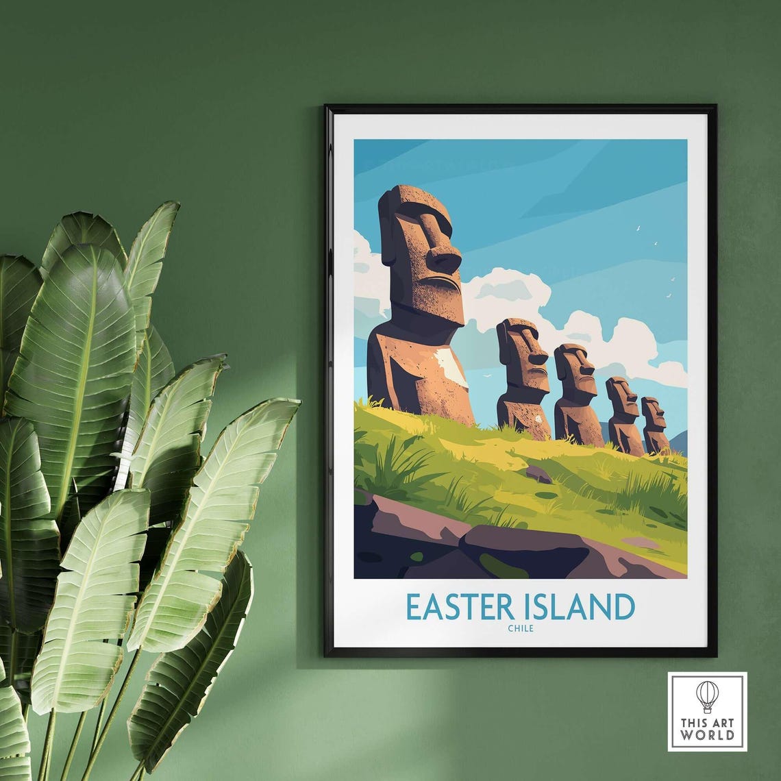Easter Island Chile Moai Statues Green Hillside Travel Poster - Image 2