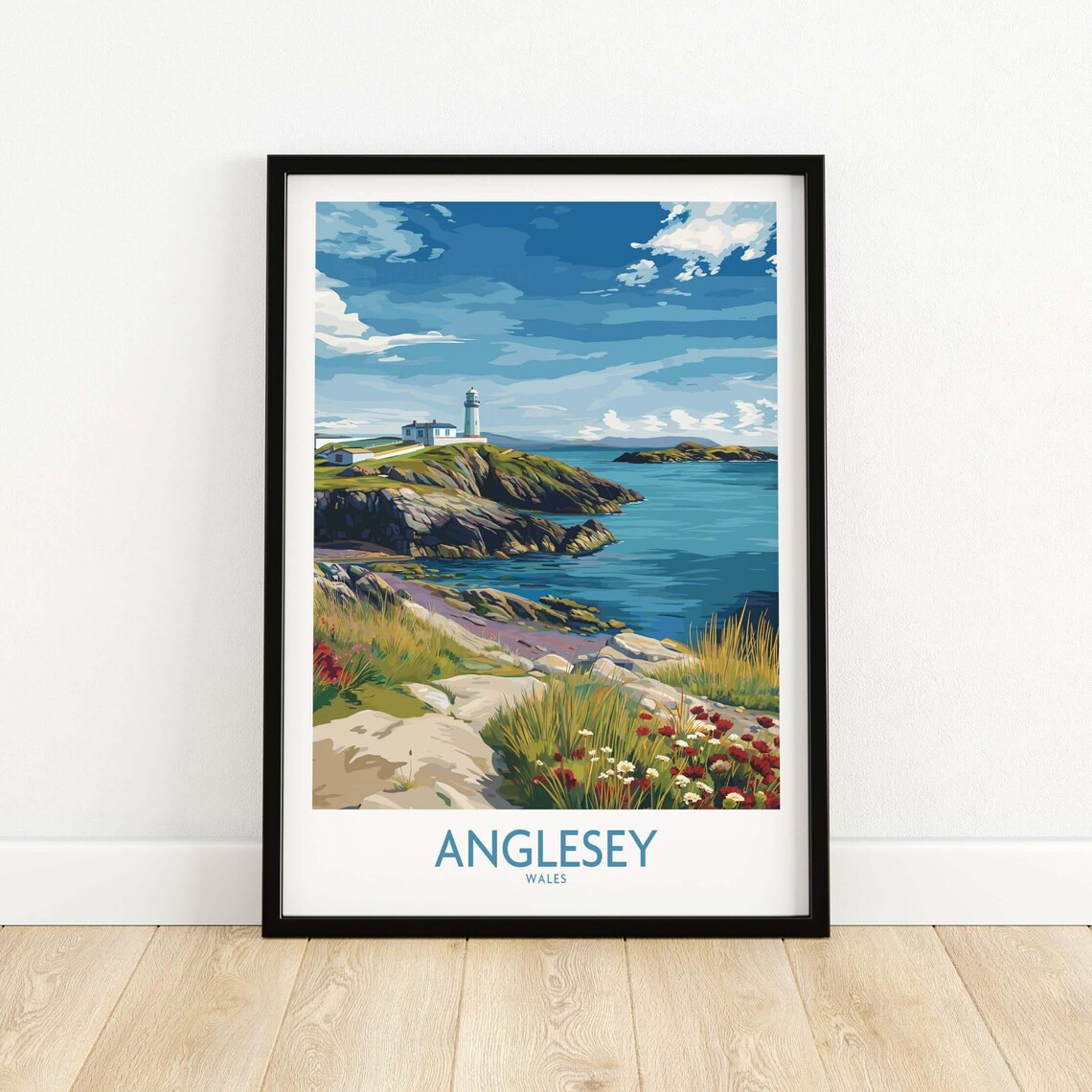 Anglesey Wales Lighthouse Rocky Coastline Scenic Travel Poster