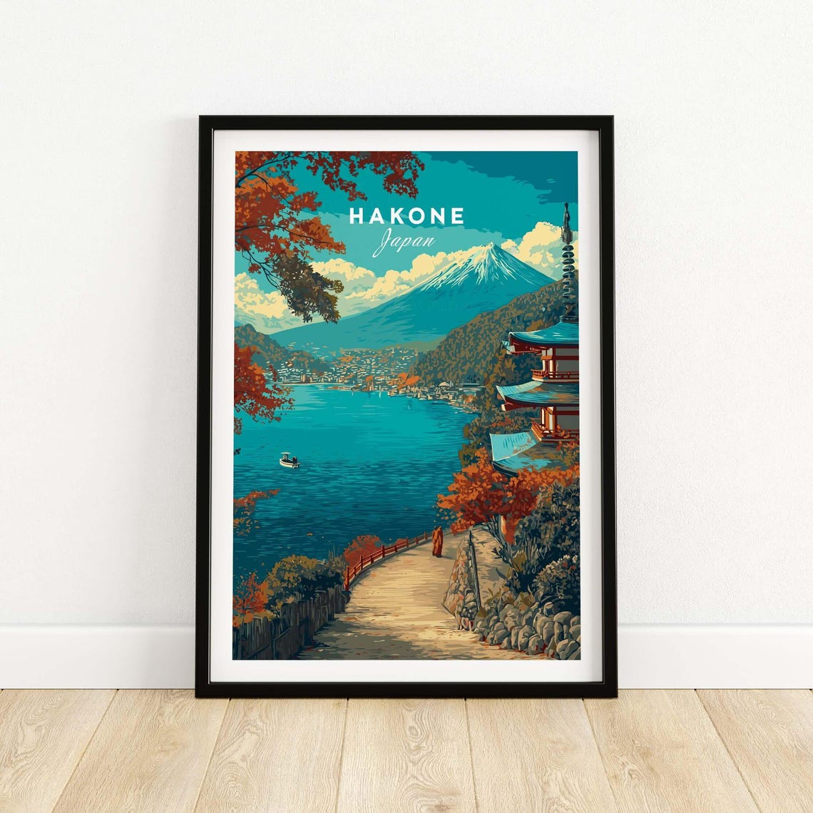 Hakone Japan Mount Fuji Lake Path Pagoda Autumn Travel Poster