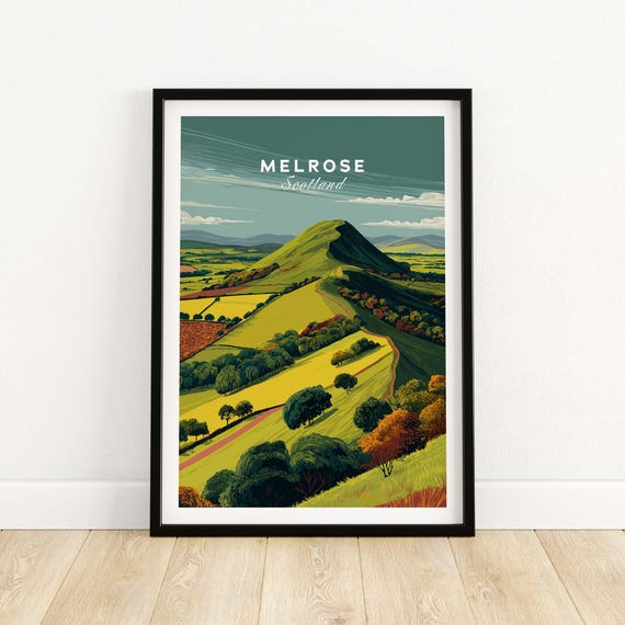 Melrose Scotland Eildon Hills Travel Print Poster Scottish Landscape Wall Art Gift Lovers Illustration Nature