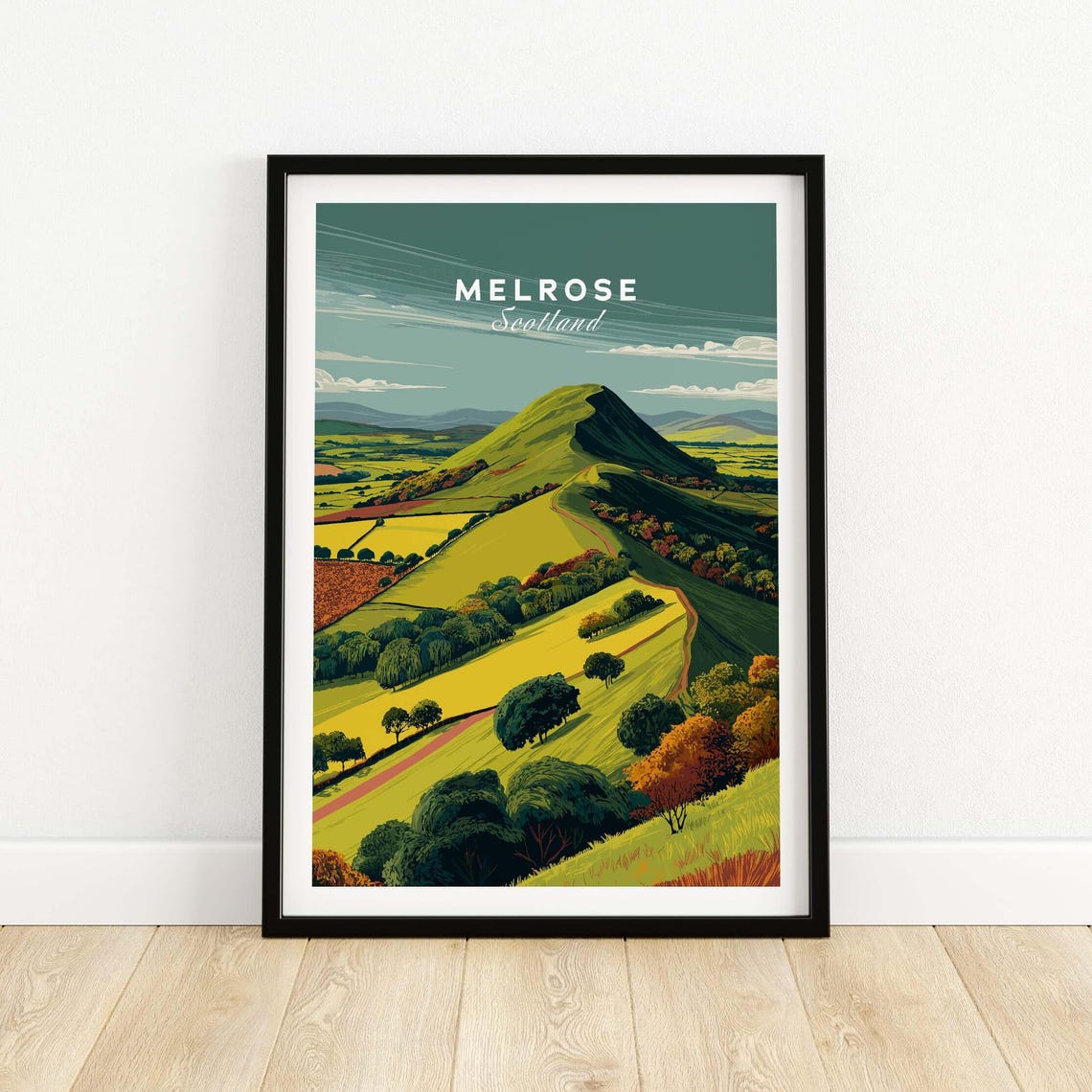 Melrose Scotland Eildon Hills Travel Print Poster Scottish Landscape Wall Art Gift Lovers Illustration Nature