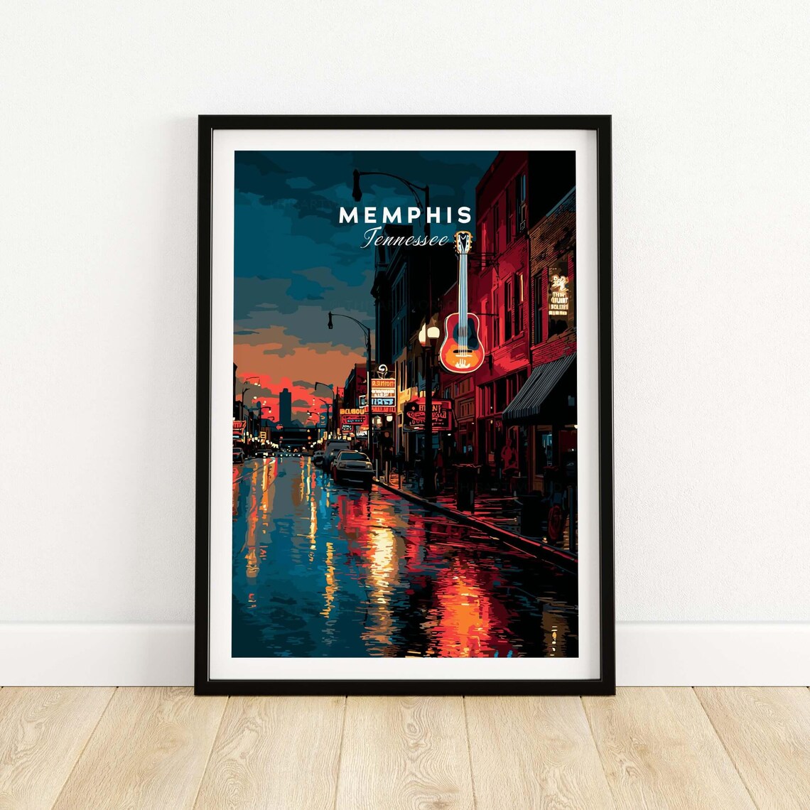 Memphis Tennessee Beale Street Neon Guitar Night Travel Poster
