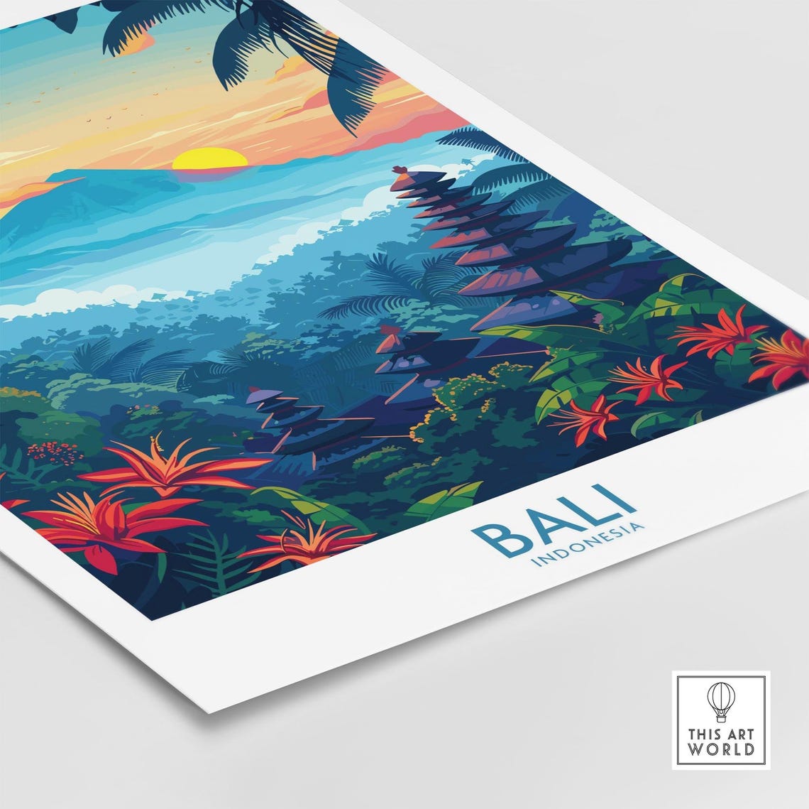 Bali Indonesia Jungle Sunrise Temple Pagoda Bloom Art Poster - Image 4