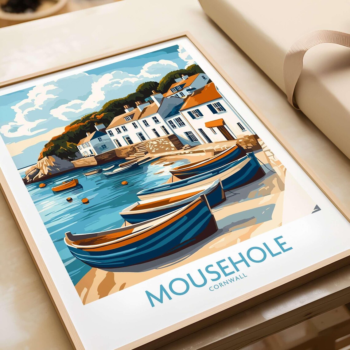 Mousehole Cornwall Fishing Boats Harbor Scene Vintage Travel Poster