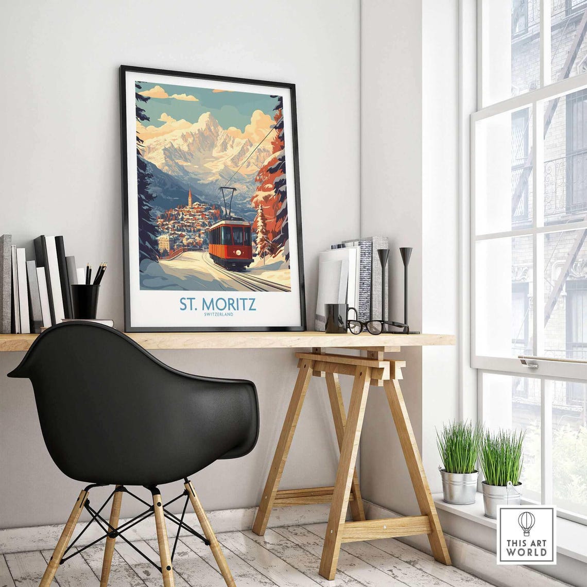 St Moritz Ski Art Print, Ski Lodge Decor - Image 4