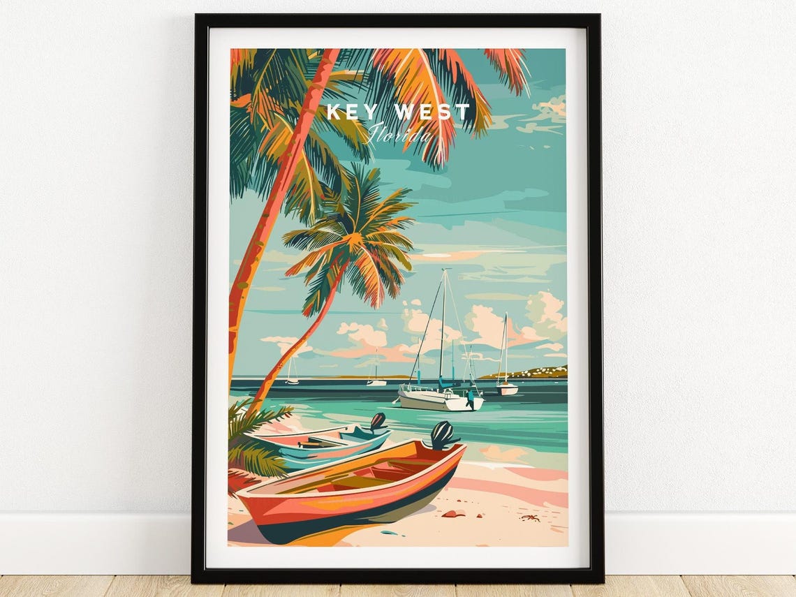 Key West Florida Sunset Boats Harbor Palm Trees Retro Poster