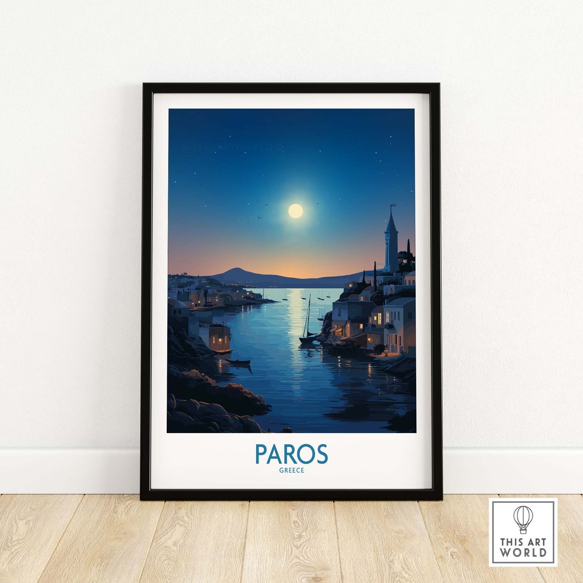 Paros Greece Moonlit Harbor Night Seascape Vintage Travel Poster