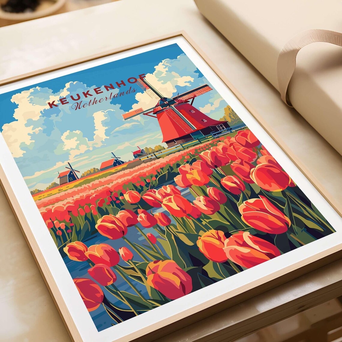 Keukenhof Netherlands Tulip Fields Windmill Vintage Travel Poster - Image 3