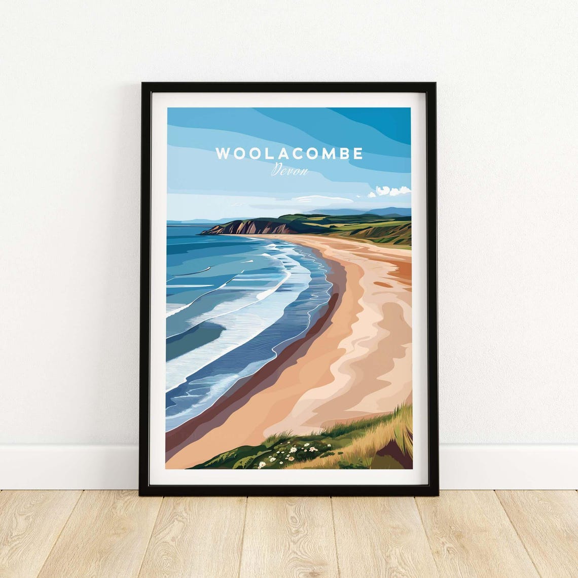 Woolacombe Devon Long Beach Sunset Poster Travel Art Print Coastal Wall Decor Rolling Waves Illustration Vintage Style Framed Unframed