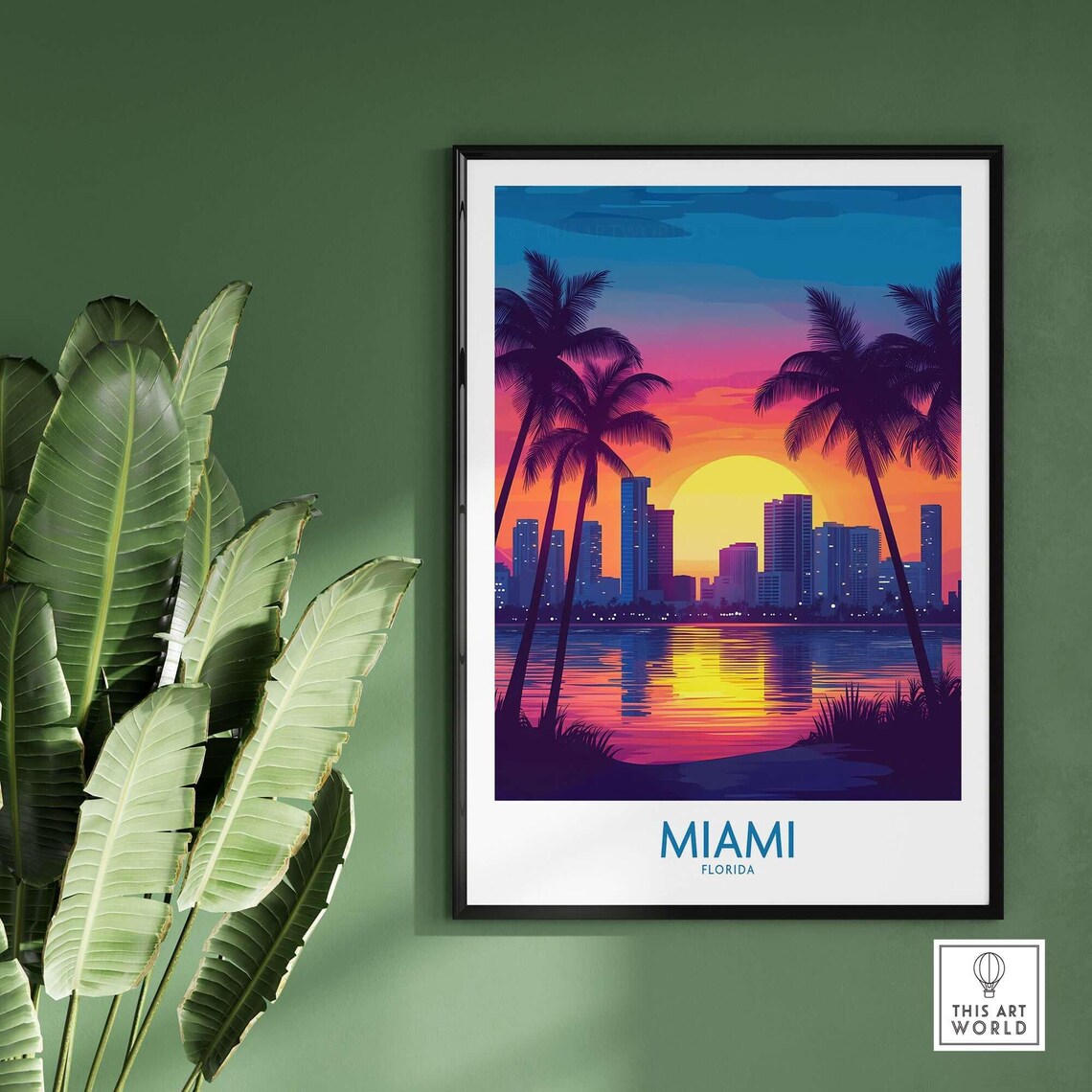 Miami Florida Neon Sunset Skyline Palm Silhouette Travel Poster - Image 2