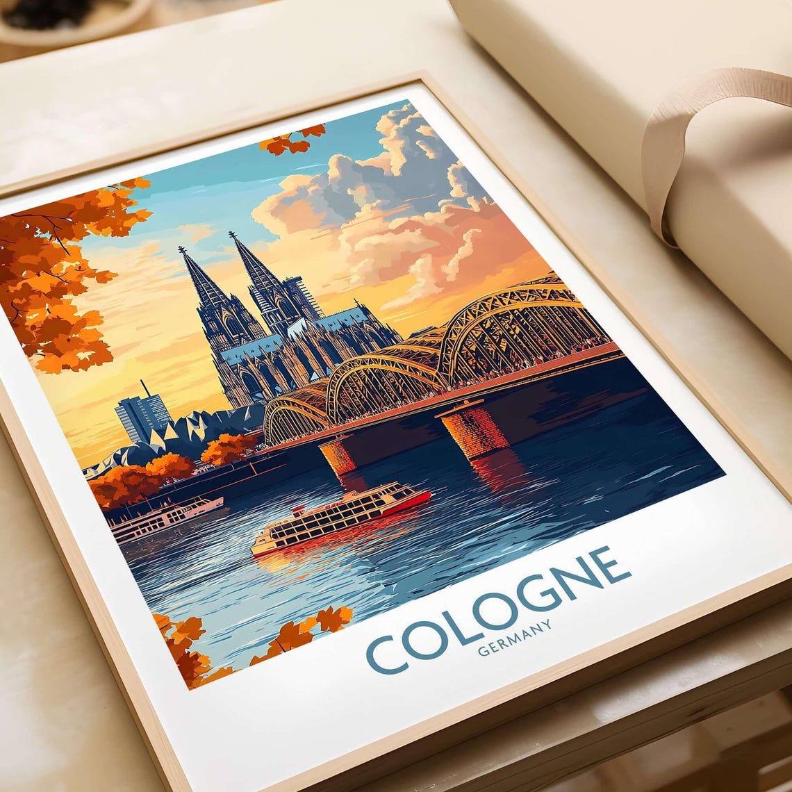 Cologne Germany Gothic Cathedral Bridge Sunset Travel Poster
