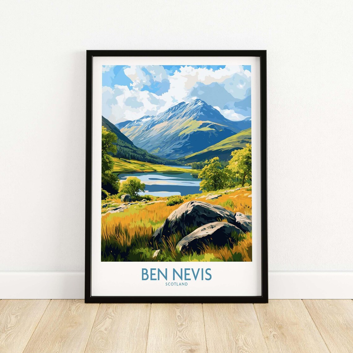 Ben Nevis Scotland Summit Peak Lake Golden Hillside Hiking Travel Poster