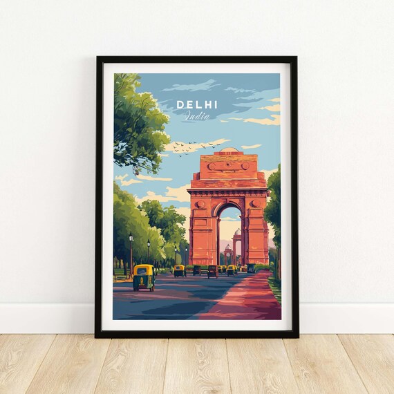 Delhi India Gate Monument Rajpath Auto Rickshaw Retro Travel Poster