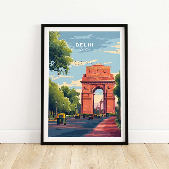 Delhi India Gate Travel Poster Landmark Print Cityscape Wall Art Decor Rajpath Gift Lovers Illustration Artwork