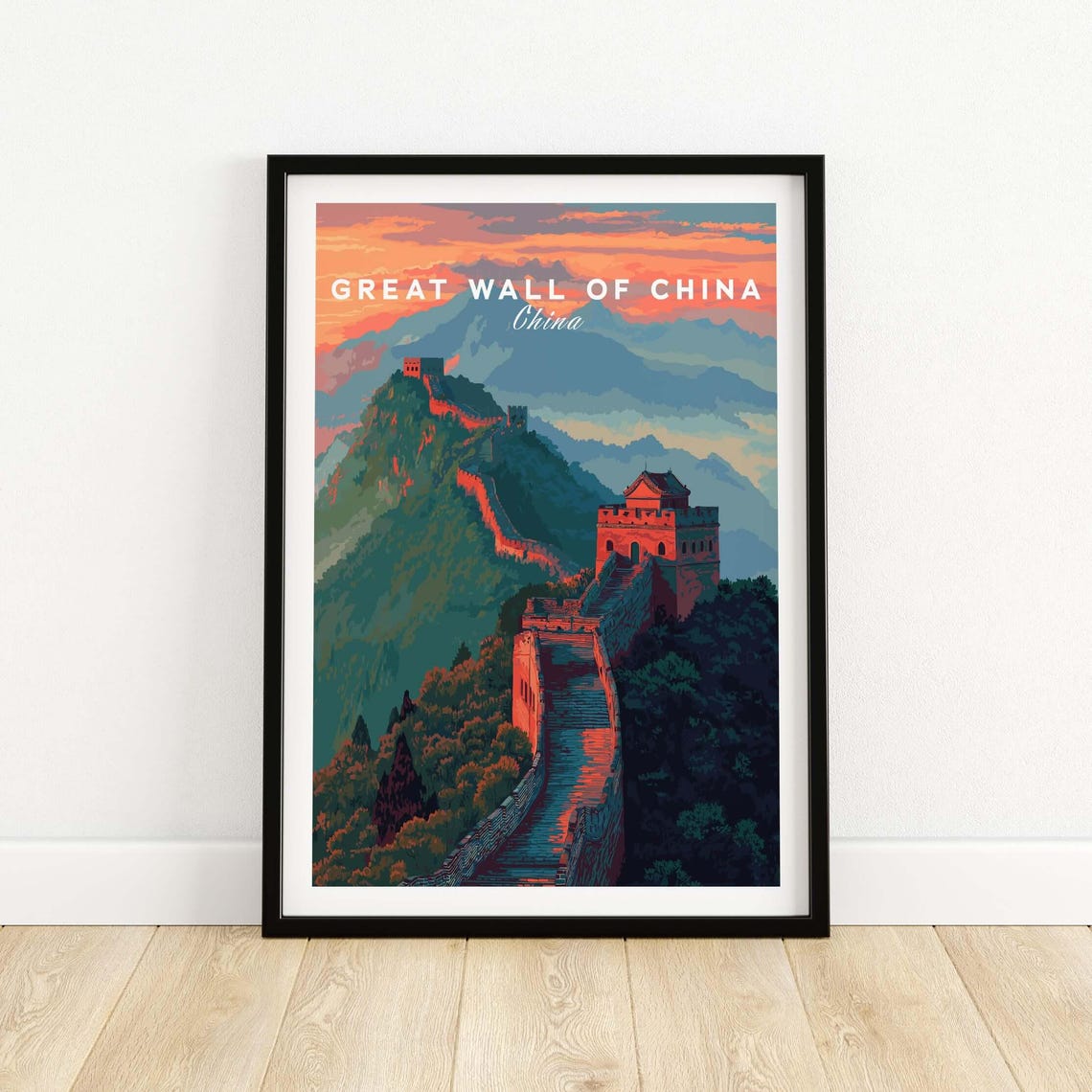 Great Wall of China Sunset Poster with Orange Sky Over Forested Hills