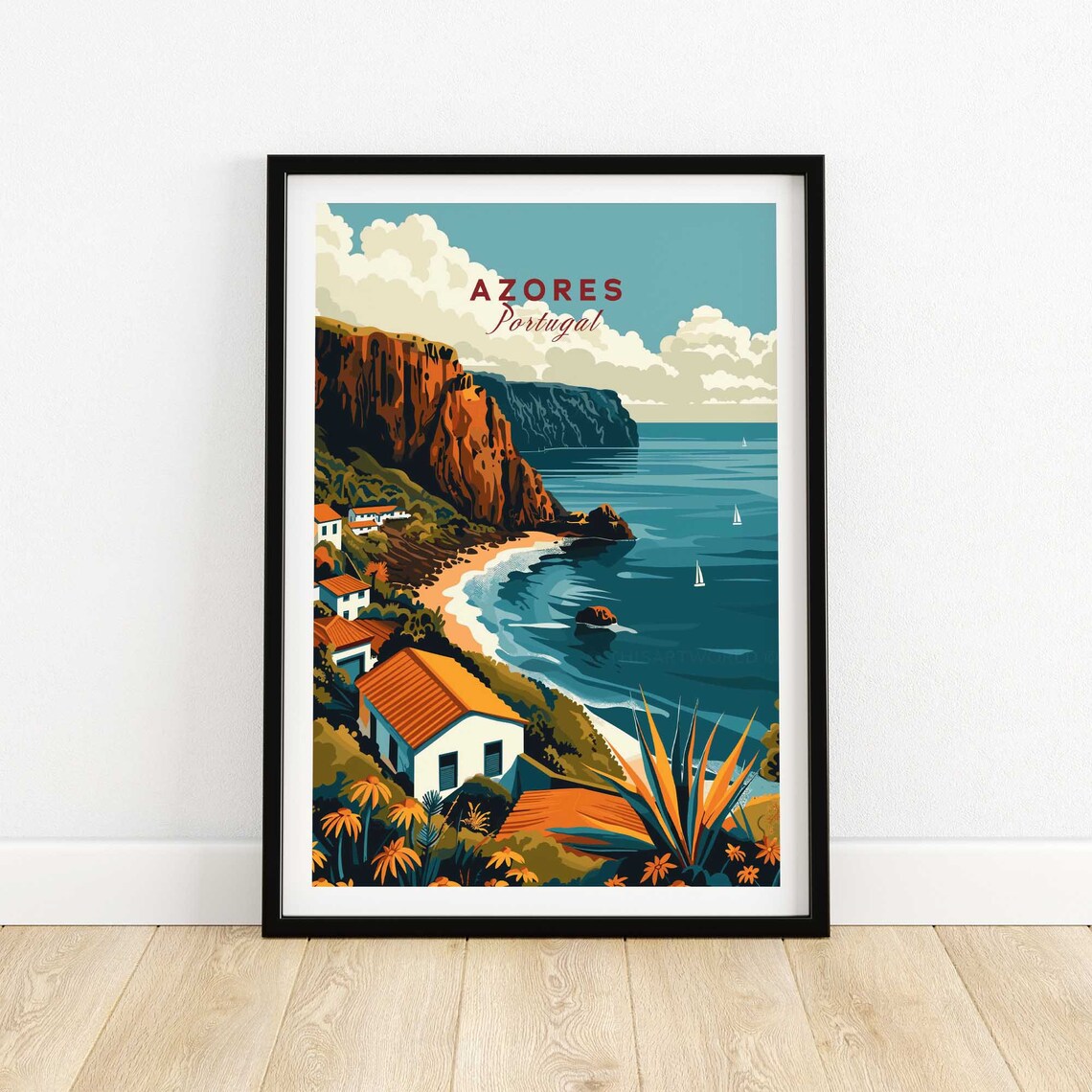 Azores Portugal Red Cliffs Seaside Village Sailboats Travel Poster