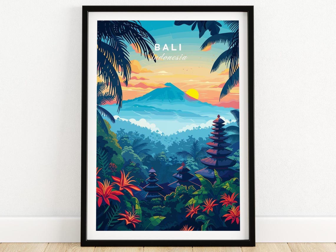Bali Indonesia Tropical Jungle Temple Volcano Sunset Travel Poster