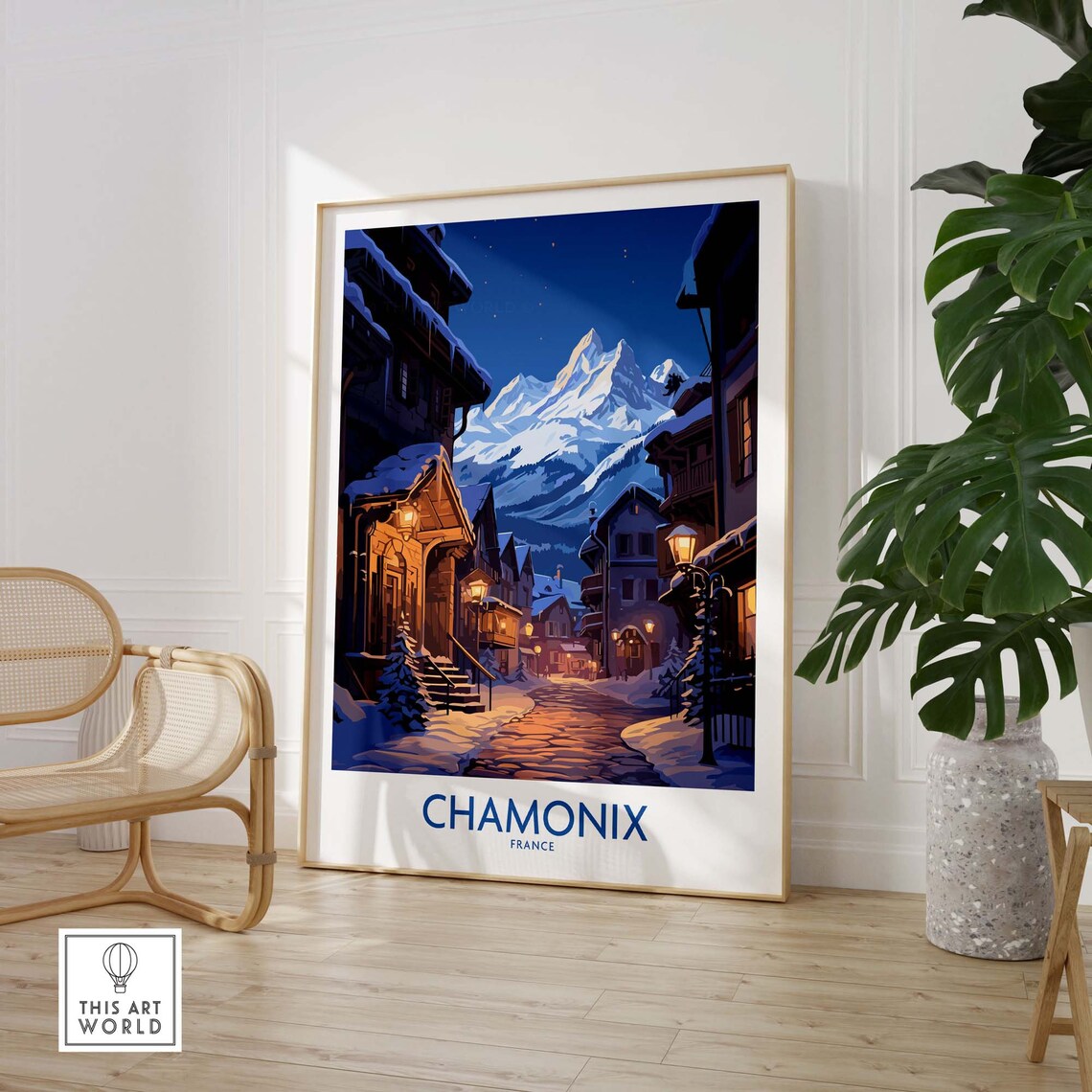 Chamonix France Snowy Night Village Mountain Vintage Travel Poster - Image 3