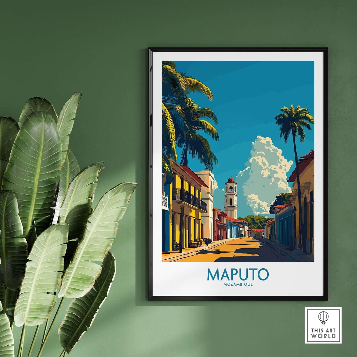 Maputo Mozambique Sunny Palm Street Colonial Church Travel Poster - Image 2