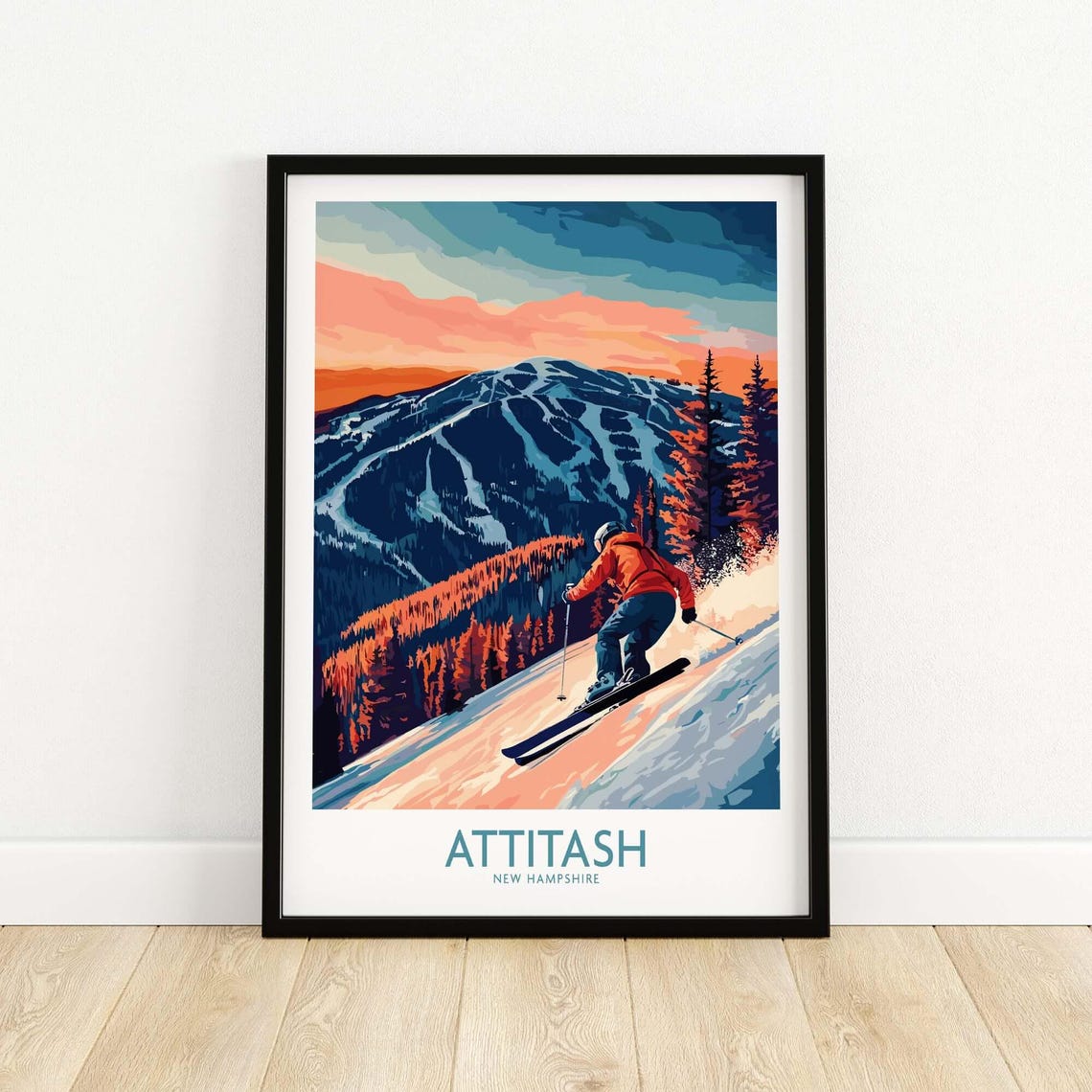 Attitash New Hampshire Alpine Skier at Sunset Slopes Art Poster