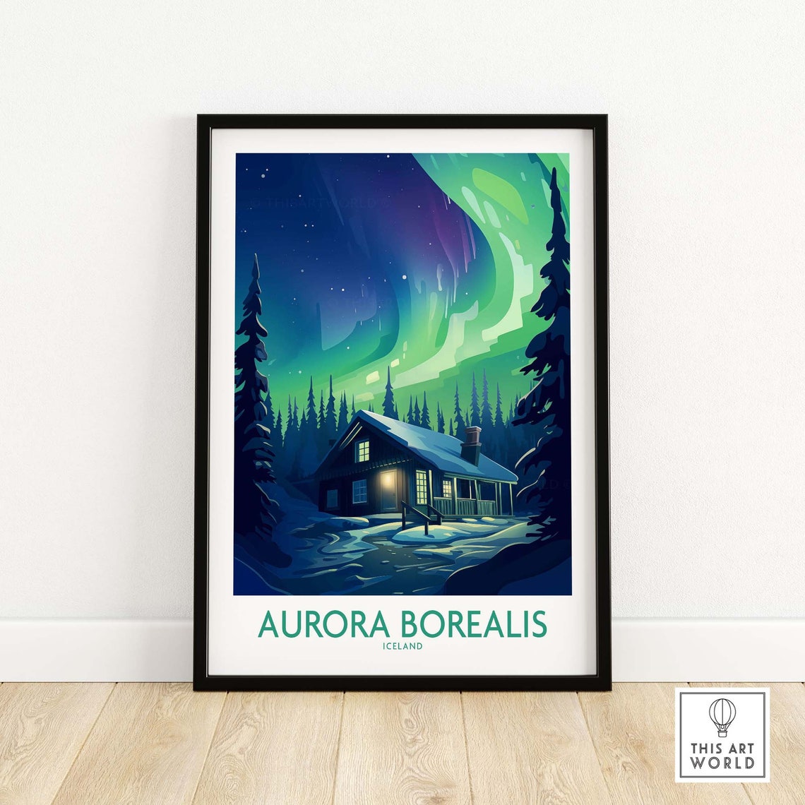 Aurora Borealis Iceland Northern Lights Snowy Cabin Travel Poster