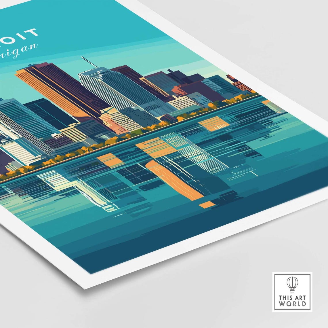 Detroit Michigan Turquoise Skyline Reflection Modern Travel Poster - Image 4