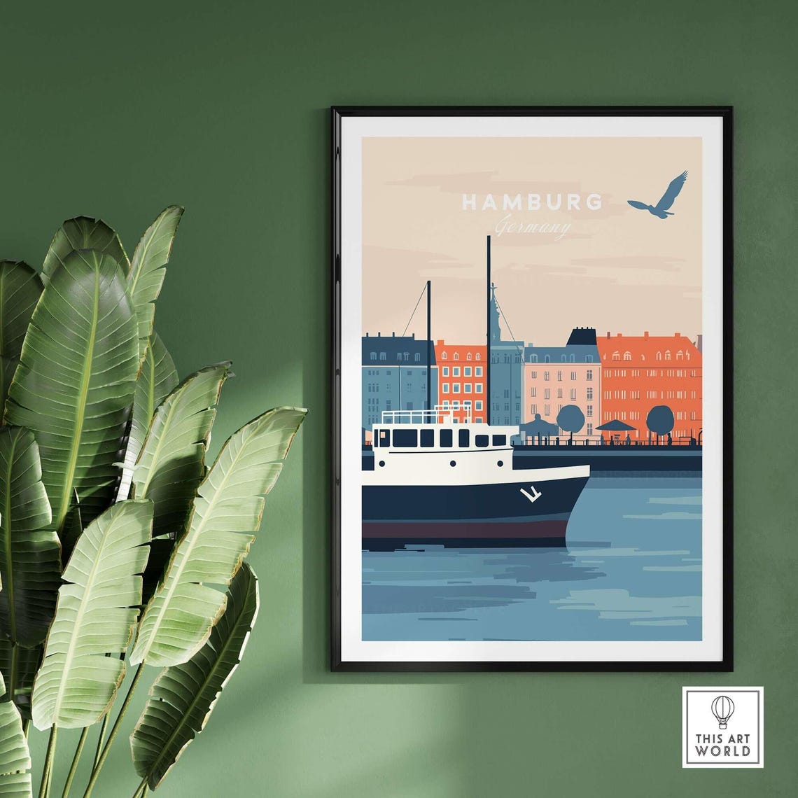 Hamburg Germany Harbor Ship Waterfront Warehouses Seagull Scene Poster - Image 2