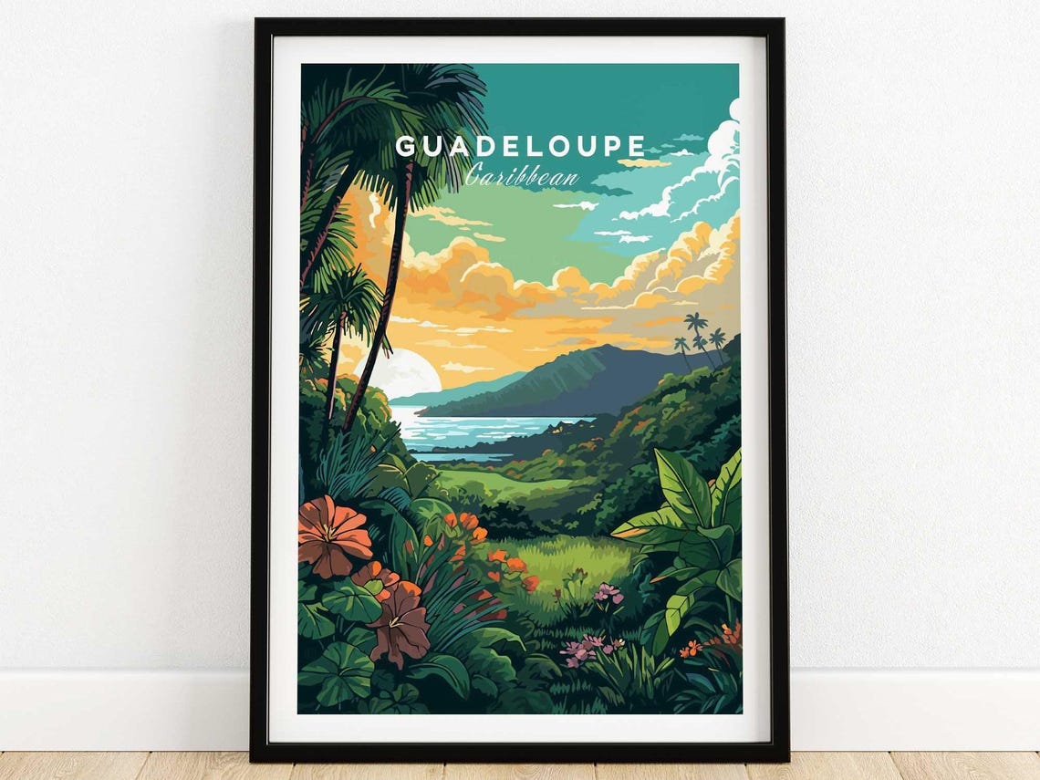 Guadeloupe Caribbean Lush Jungle Flowers Sunset Travel Poster