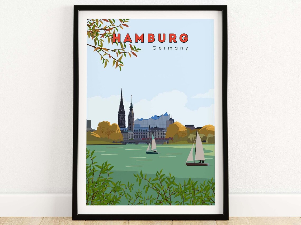 Hamburg Germany Vintage Harbor Sailboat Skyline Travel Poster