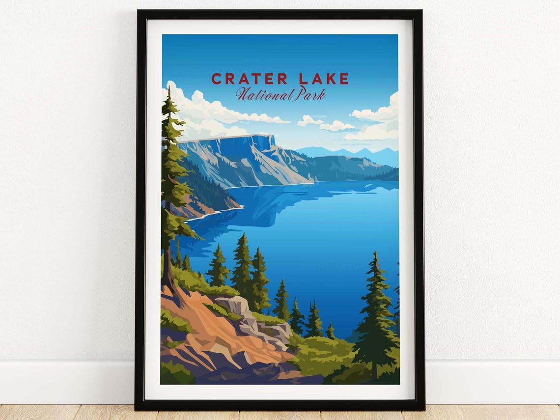 Crater Lake National Park Deep Blue Lake Pine Forest Art Poster