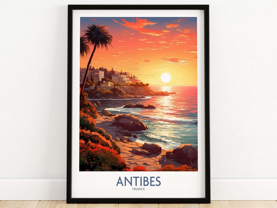 Red Antibes France Sunset Rocky Coast Palms Riviera Glow Poster