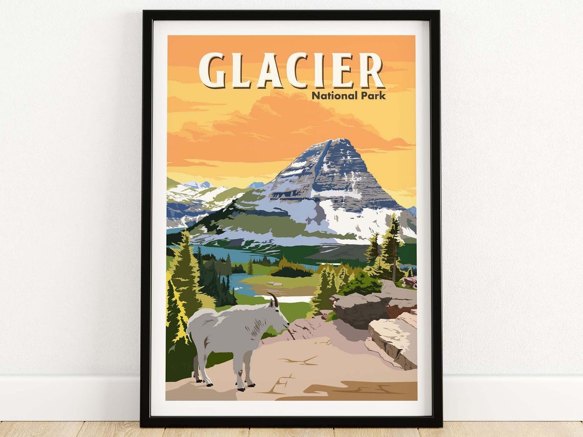Glacier National Park Mountain Goat Snowy Peak Valley View Poster